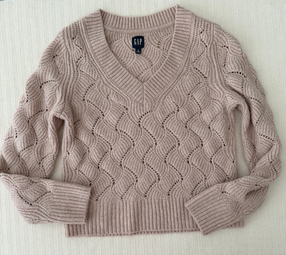 GAP Pointelle Cable Knit V-Neck Sweater Women's Size S Pink Taupe Wool Blend